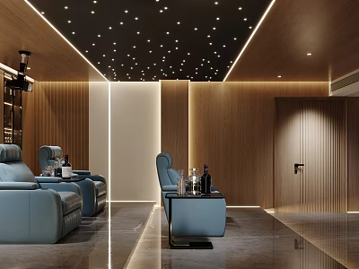Modern Home Theater Room Interior With Starry Ceiling Blue Seats And Wooden Walls 3d model
