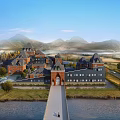 Scenic Red Brick Towered Hotel Building with Riverfront Bridge Access and Mountains