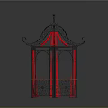 Decorative Pavilion with Black Metal Frame Ornate Spire Curved Metal Designs and Red Fabric Interior