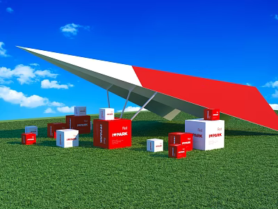 Red And White Paper Plane Over Priority Boxes On Green Grass With Blue Sky 3d model