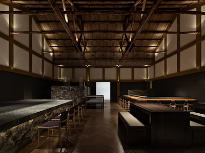 Modern Conference Room Interior With Wooden Ceiling Long Tables And Chairs 3d model