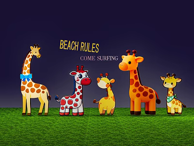 Colorful Giraffe Toys With Beach Rules Sign On Green Grassy Area 3d model