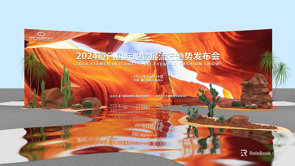 Stunning Floral Installation With Cactus Rocks And Water Reflection For 2024 Trend Conference 3d model 