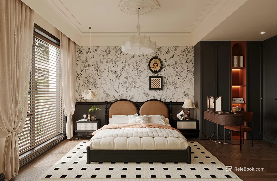 Elegant Bedroom Interior With Black Bedhead Beige Bedding Patterned Wallpaper And Checkered Rug 3d model 