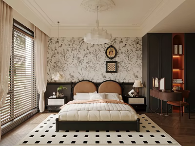 Elegant Bedroom Interior With Black Bedhead Beige Bedding Patterned Wallpaper And Checkered Rug 3d model