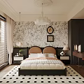 Elegant Bedroom Interior With Black Bedhead Beige Bedding Patterned Wallpaper And Checkered Rug 3d model