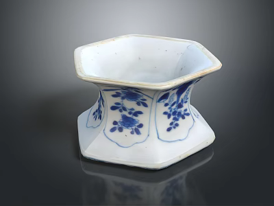 Blue And White Hexagonal Ceramic Vessel With Floral Patterns And Traditional Design 3d model