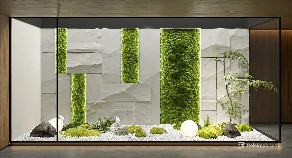 Indoor Miniature Garden Features With Green Moss Walls White Stones Rabbit Figurines And Round White Lamps 3d model 
