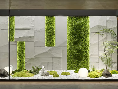 Indoor Miniature Garden Features With Green Moss Walls White Stones Rabbit Figurines And Round White Lamps 3d model