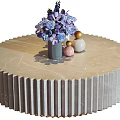 Round Modern Coffee Table With Marble Pattern Gold Base And Purple Blue Flower Vases