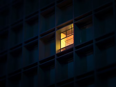 Night View Of Building Facade With Casement Window Lit Up Frame In Dark Background 3d model