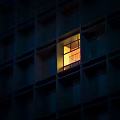 Night View Of Building Facade With Casement Window Lit Up Frame In Dark Background