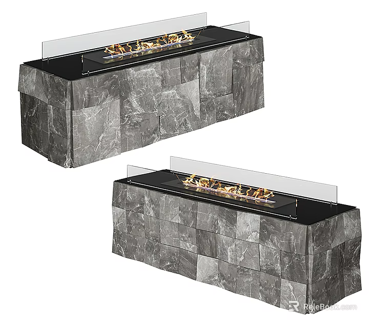 Modern Gray Stone Tiled Fireplace With Black Top And Burning Flames 3d model
