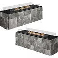 Modern Gray Stone Tiled Fireplace With Black Top And Burning Flames 3d model