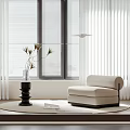 White Curtains In Modern Living Room Interior With Window Blinds Sofa And Vase