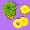 Fresh Whole Pineapple with Green Leaves Halved and Sliced Rings on Purple Background