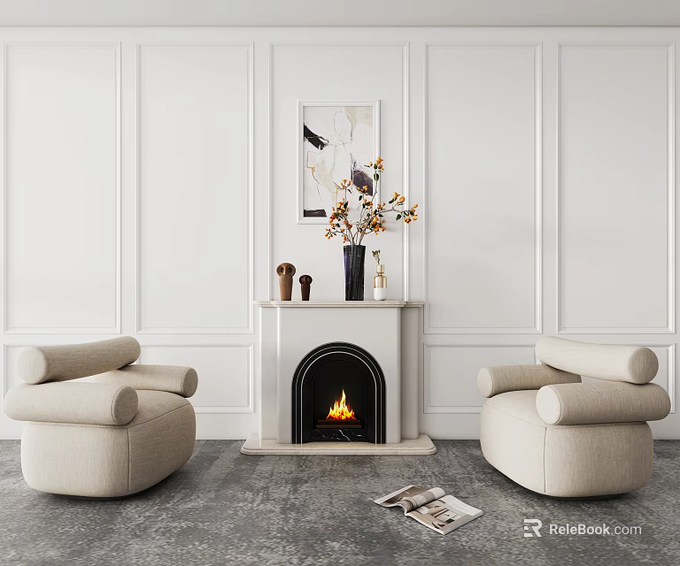 White Wall Panels Fireplace With Burning Fire Artwork Above Flower Vase And Beige Armchairs 3d model 
