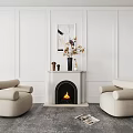 White Wall Panels Fireplace With Burning Fire Artwork Above Flower Vase And Beige Armchairs