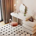 Modern White Dressing Table with Irregular Mirror Pink Cushion Clear Chair and Green Plant Vase