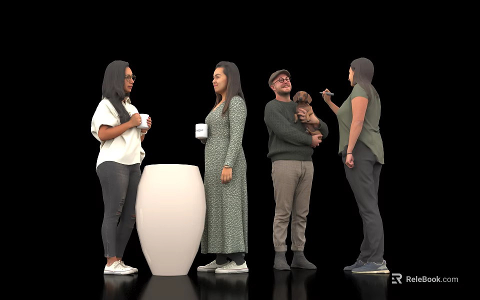 Group of Four People Interacting With One Holding Cup And Another Carrying Pet Dog 3d model 