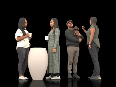 Group of Four People Interacting With One Holding Cup And Another Carrying Pet Dog 3d model