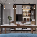 Modern Minimalist Dining And Living Area Interior With Herringbone Flooring Wooden Table And Blue Bench
