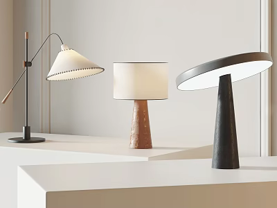 Three Modern Table Lamps With Different Base Designs On White Tabletop 3d model