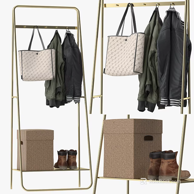 Golden Metal Clothes Rack With Hanging Jackets Tote Bags Storage Boxes And Boots 3d model 