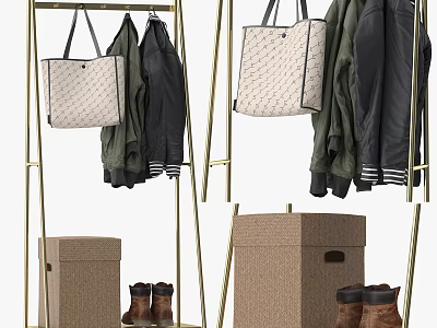 Golden Metal Clothes Rack With Hanging Jackets Tote Bags Storage Boxes And Boots 3d model
