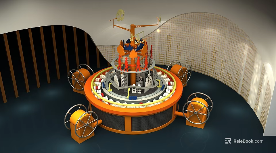 Orange Circular Device With Central Structure And Surrounding Wheels Equipment Console 3d model 