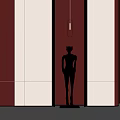Black Human Figure Sculpture on Pedestal with Pink and White Wall Background and Hanging Light