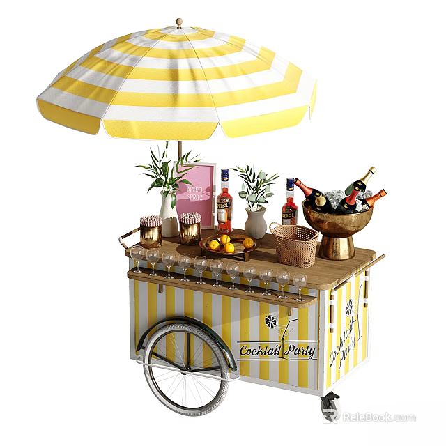 Yellow And White Striped Bar Cart With Umbrella For Cocktail Party Drinks Glasses And Fruits 3d model 