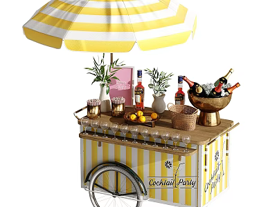Yellow And White Striped Bar Cart With Umbrella For Cocktail Party Drinks Glasses And Fruits 3d model
