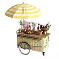 Yellow And White Striped Bar Cart With Umbrella For Cocktail Party Drinks Glasses And Fruits