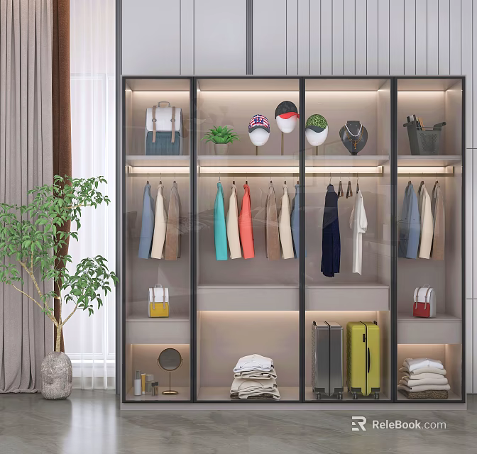 Modern Wardrobe Storage Solutions With Hanging Clothes Folded Items LED Lighting And Decorative Pieces 3d model 