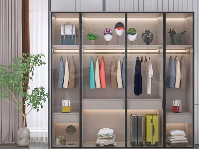 Modern Wardrobe Storage Solutions With Hanging Clothes Folded Items LED Lighting And Decorative Pieces 3d model