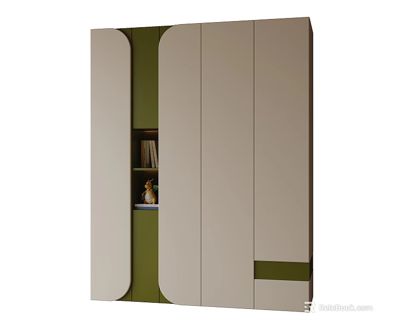 Modern Beige Green Wardrobe Design With Multiple Doors Open Compartment And Books 3d model 