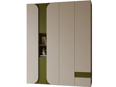 Modern Beige Green Wardrobe Design With Multiple Doors Open Compartment And Books 3d model