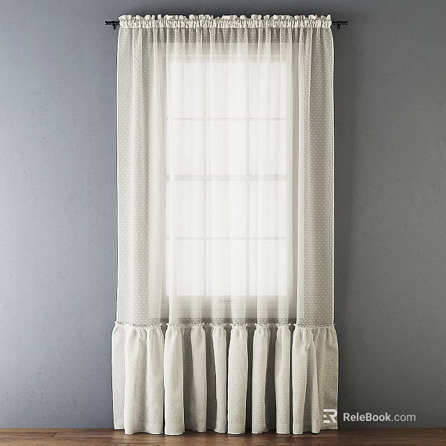 White Sheer Curtains With Ruffled Hem For Window On Gray Wall 3d model