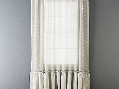 White Sheer Curtains With Ruffled Hem For Window On Gray Wall 3d model