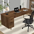 Modern Wooden Desk Workspace With Laptop Lamp Office Chair Green Plant Bookshelf Window And Rug