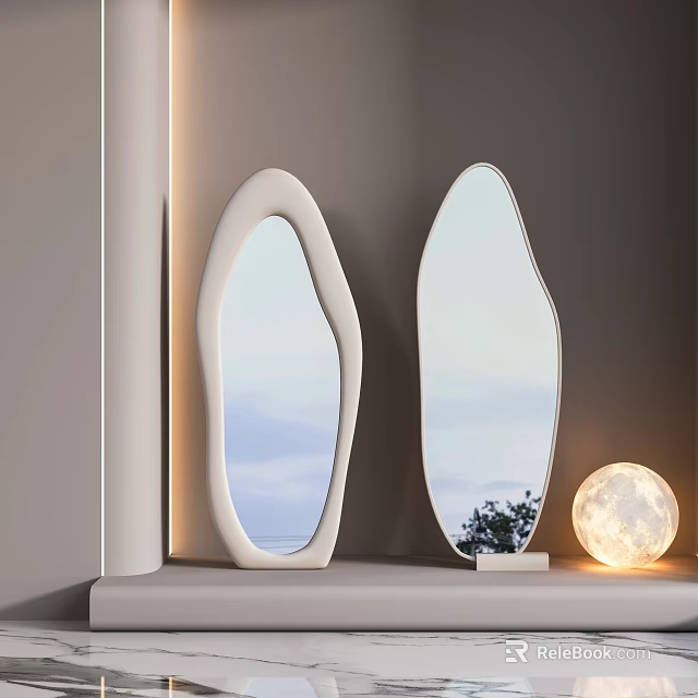 Irregular Shaped Mirrors With White Frame And Moon Shaped Lamp Reflecting Sky And Trees 3d model 