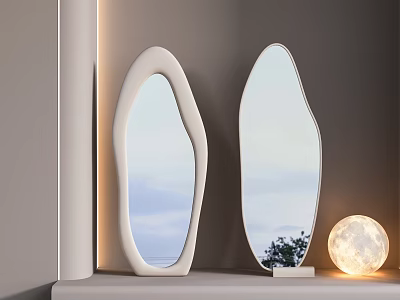 Irregular Shaped Mirrors With White Frame And Moon Shaped Lamp Reflecting Sky And Trees 3d model