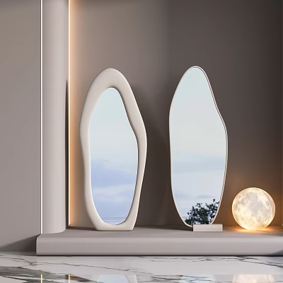 Irregular Shaped Mirrors With White Frame And Moon Shaped Lamp Reflecting Sky And Trees 3d model