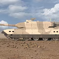 Sand Colored Military Tank With Cannon Tracks In Desert Under Cloudy Sky