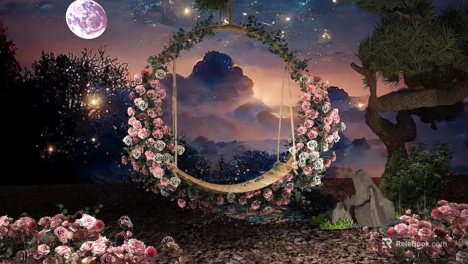 Magical Outdoor Circular Swing Adorned With Pink White Flowers Under Full Moon And Starry Sky 3d model 