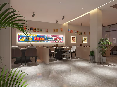 Modern Restaurant Interior With Colorful Menu Display Tables Chairs And Indoor Plants 3d model