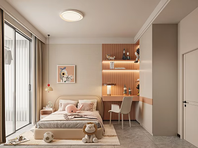 Bright Kids Room Interior Design With Bed Stuffed Toys Desk Chair And Shelves 3d model