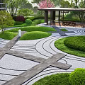 Elegant Residential Landscape with Curved Stone Pathway Neatly Trimmed Hedges and Covered Patio Area