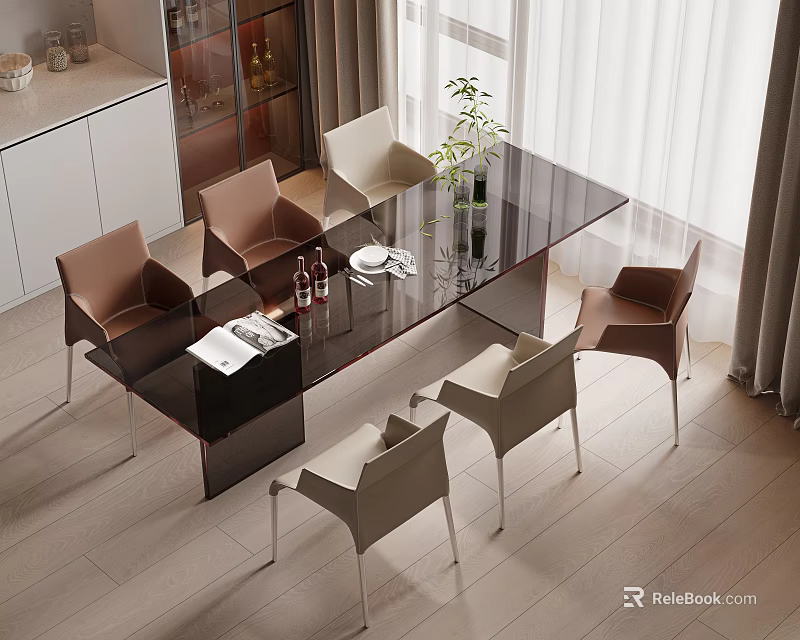 Modern Dining Table Set with Black Glossy Top and Brown Beige Chairs in Bright Room 3d model 